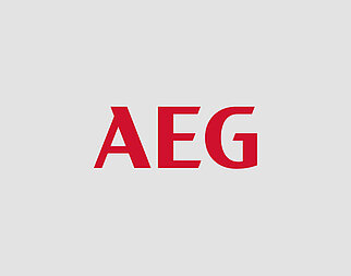 Red "AEG" logo with bold sans-serif font on a plain gray background, symbolizing a strong, modern, and minimalistic brand identity.