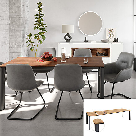 Comedor contemporáneo con una mesa de madera, sillas grises y gabinetes blancos minimalistas, resaltando una estética limpia y moderna.