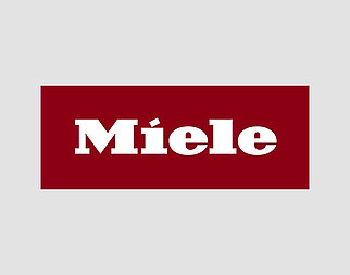 Logo rouge avec le mot "Miele" en lettres capitales blanches centré sur un fond rectangulaire marron, symbolisant l'identité de la marque.