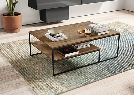 Modernes Wohnzimmer mit einem Holztisch mit Metallbeinen, Büchern, Snacks und einer Topfpflanze, betont durch einen texturierten Teppich.