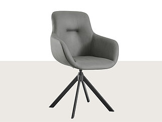Chaise pivotante moderne avec un revêtement en tissu gris élégant et une base trépied noire stylée, parfaite pour les bureaux contemporains ou les intérieurs de maison minimalistes.