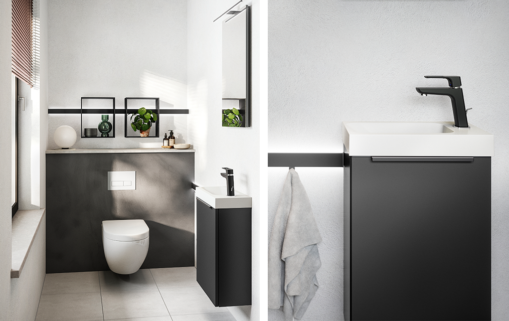 Modern minimalist bathroom with white fixtures, black cabinetry, floating shelves with plants, and clean lines creating a sleek and tranquil aesthetic.