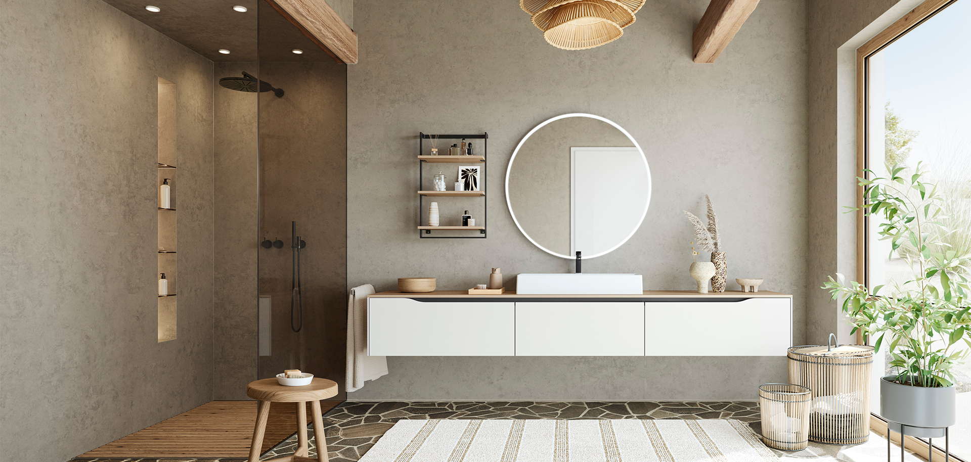Conception de salle de bain minimaliste avec une vanité flottante, un miroir rond et des accents naturels pour un espace serein et élégant.