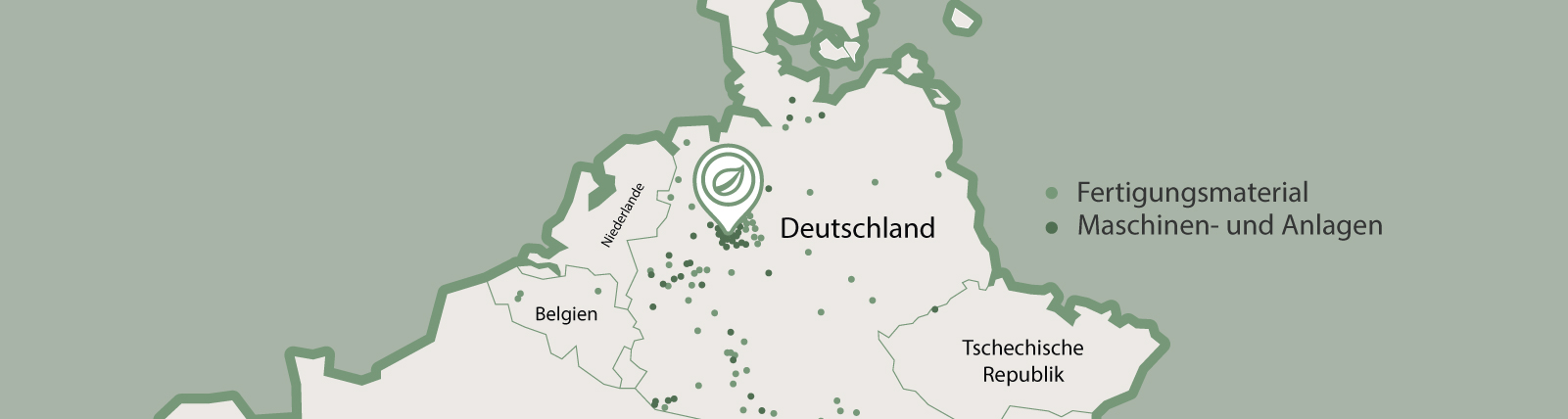 Interaktive Karte, die wichtige Industrieregionen für die Herstellung von Materialien und Maschinen in Deutschland hervorhebt, mit leicht lesbaren Symbolen und Beschriftungen für eine benutzerfreundliche Navigation.