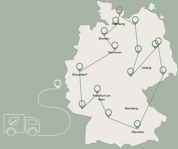 Mapa de Alemania que muestra una red logística con líneas de ruta que conectan varias ciudades, simbolizando un servicio de entrega o transporte.