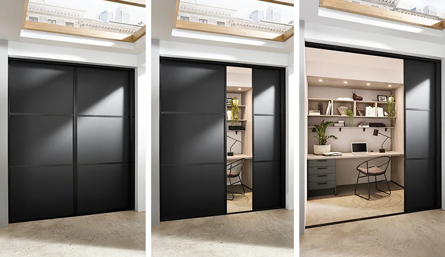 Laser (414) / Eiche Montreal Nachbildung (126) Moderne Büroräume hinter Schiebetüren, die sich von geschlossen zu geöffnet verwandeln und ein stilvolles Interieur mit Schreibtisch, Stuhl, Regalen und dekorativen Pflanzen enthüllen.