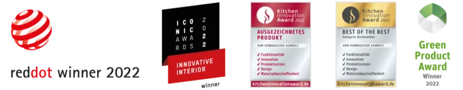 Auszeichnungen präsentieren, die die Red Dot-Gewinner, die Kitchen Innovation und die Green Product Awards für außergewöhnliches Design und Innovation in einem Website-Banner hervorheben.