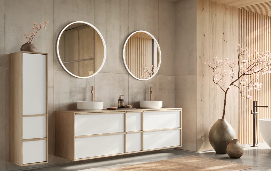 Sakura Badmöbel im Japandi Stil – klare Linien, natürliche Materialien & eleganter Stauraum fürs moderne Bad.