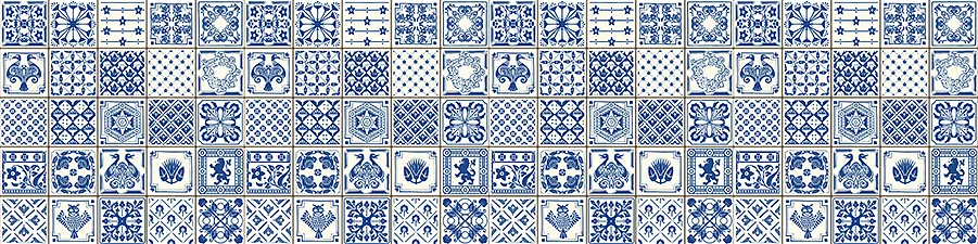 Traditionelle blaue und weiße Azulejo-Fliesen mit komplizierten Mustern, die florale Motive und geometrische Designs zeigen. Ideal für historische oder kulturelle Web-Hintergründe.
