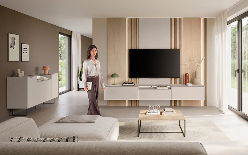 Modernes Living-Design in Sand strukturiert: Die Front Look 604 schafft mit warmen Tönen und klaren Linien ein stilvolles Ambiente.