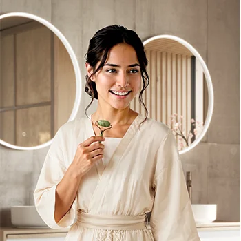 Bad im Japandi Stil mit runder Spiegelbeleuchtung & natürlichen Akzenten – modernes Design für Wohlfühlmomente.