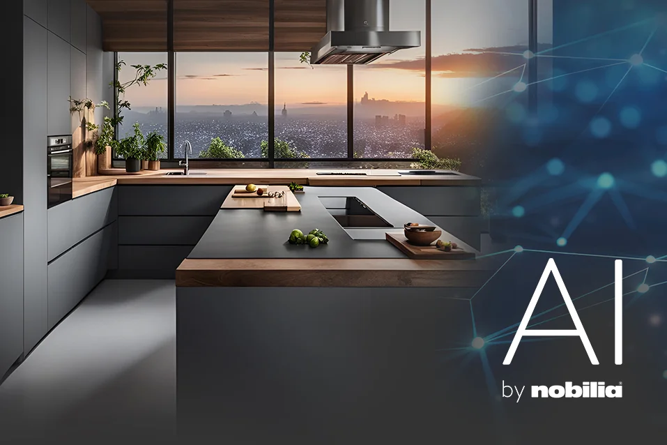 Moderne, AI generierte Küche mit weitem Stadtblick bei Sonnenuntergang und AI by nobilia Branding als Teaser für digitale Ideenwelten zu Küchen, Bad und Wohnzimmerplanungen.