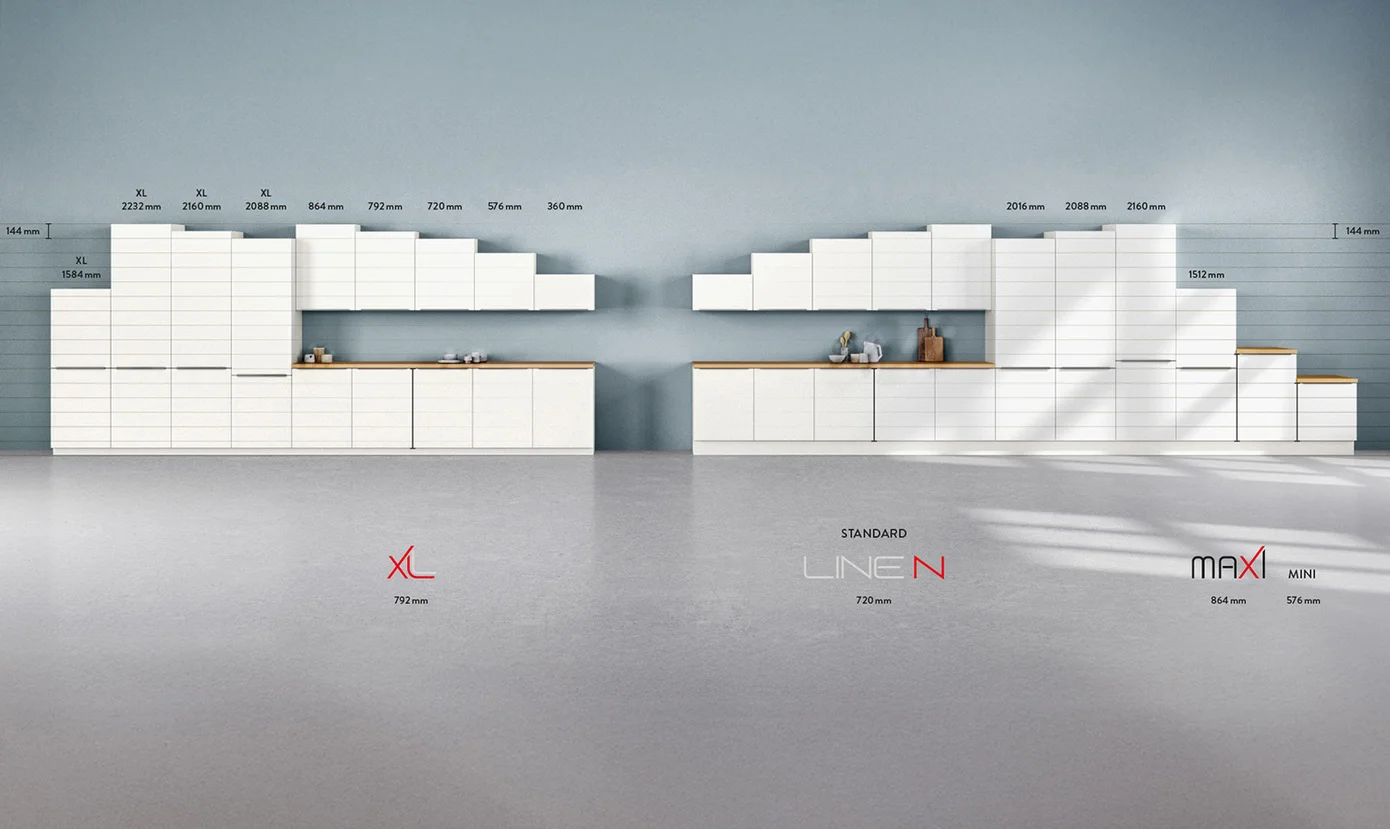 Flexibles Höhensystem im nobilia 144 Rastersystem für ergonomische Küchen.