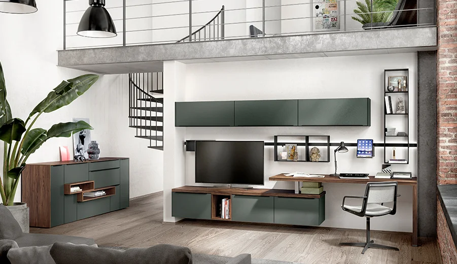 Easytouch (964) / Nussbaum Nachbildung (124) Modernes Homeoffice mit eleganten Möbeln, darunter ein grünes und holziges Schreibtisch-Setup, schwebende Regale und ein bequemer Stuhl in einem offenen Loft-Raum.