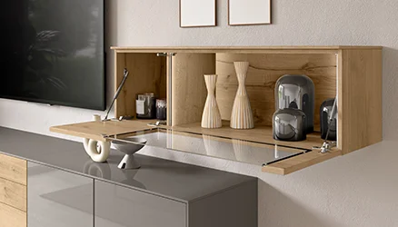 Barklappe mit Echtholz-Furnier – eleganter Stauraum mit Glasboden, ideal für stilvolle Präsentation und funktionale Wohnraumgestaltung.