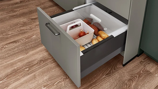 nBOX Pantry Box mit Belüftung und Trenneinsatz für Kartoffeln Zwiebeln und Gemüse – ideal für Frische und Ordnung in der Küche.