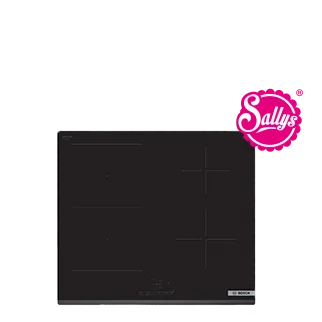 Moderne Bosch-Induktionskochfeld mit elegantem schwarzen Finish und Touch-Bedienelementen, verziert mit einem "Sally's" Markenlogo in lebendigem Pink.